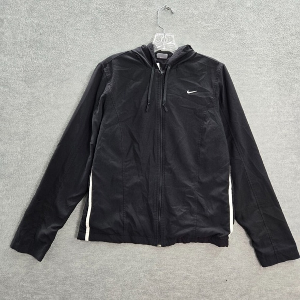 VINTAGE Nike Women Jacket Medium Black Hoodie Swoosh Logo Full Zip Drawstring